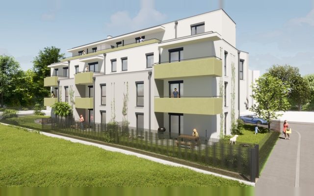 Visualisierung des NBG-Select-Wohnhauses in Mödling mit Balkonen und Gartenflächen