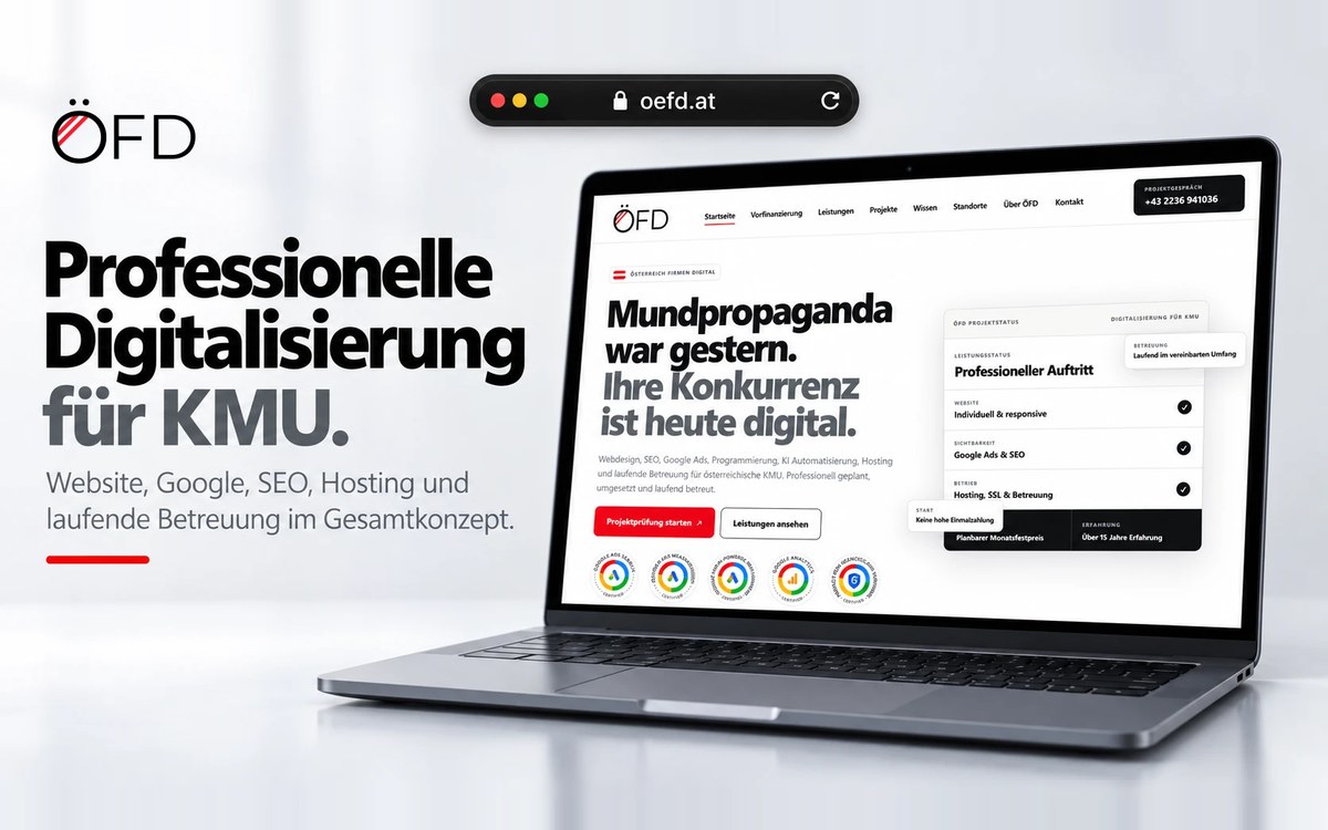 Laptop mit der Website oefd.at und dem Schriftzug „Professionelle Digitalisierung für KMU“