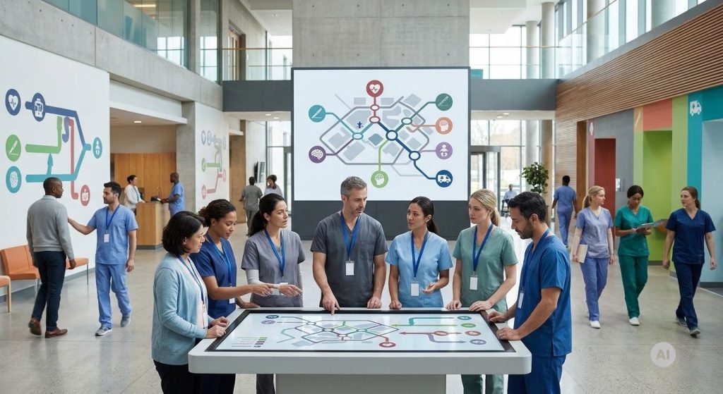 Ärztinnen, Ärzte und Pflegekräfte besprechen in einer Klinikhalle an einem Tisch einen Versorgungsplan, Symbolbild