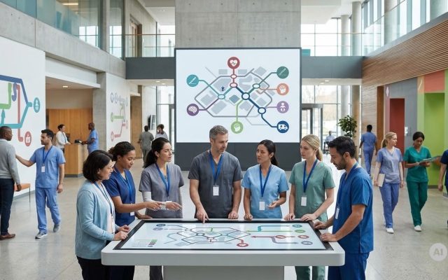 Ärztinnen, Ärzte und Pflegekräfte besprechen in einer Klinikhalle an einem Tisch einen Versorgungsplan, Symbolbild